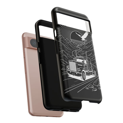 Trucker Highway Phone Case | Eagle & Mountain Line Art | Black Western Tough Case