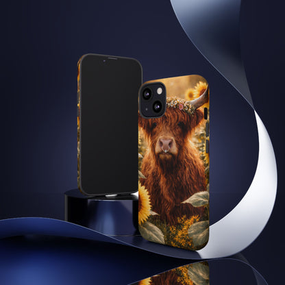 Highland Cow Sunflower Phone Case | Floral Farmhouse iPhone, Samsung Galaxy and Pixel Cover