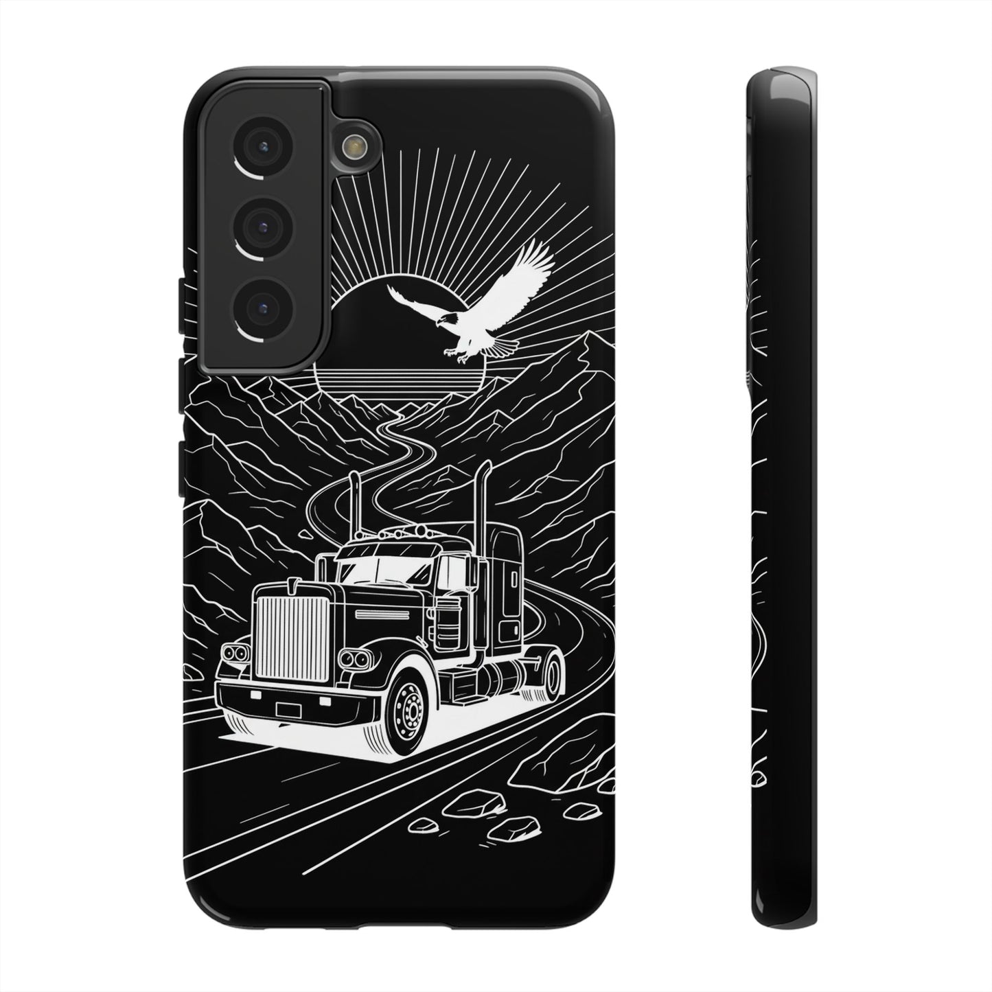 Trucker Highway Phone Case | Eagle & Mountain Line Art | Black Western Tough Case