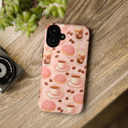 Cute Coffee & Pink Concha Phone Case – Coffee Lover Aesthetic Latte Pattern Tough Case