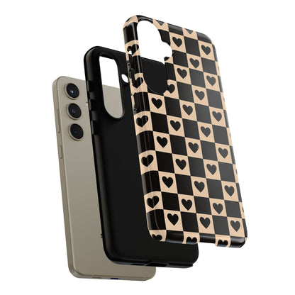 Checkerboard Heart Phone Case – Black & Beige Cute Aesthetic Protective Cover for Iphone, Samsung Galaxy and Pixel