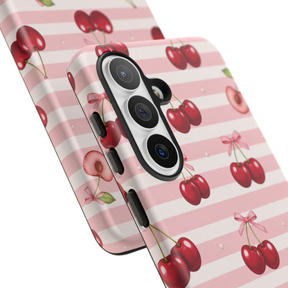 Coquette Cherry Bow Phone Case | Cute Pink Aesthetic Cherry Pattern Tough Case for iPhone & Samsung