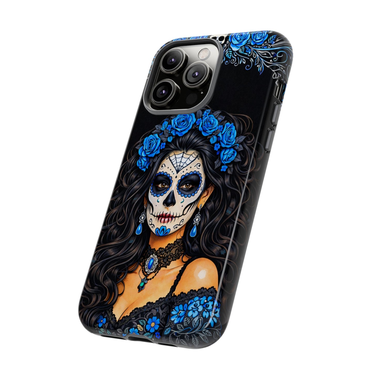 Blue Sugar Skull Woman Phone Case – Day of the Dead Aesthetic Tough Cover