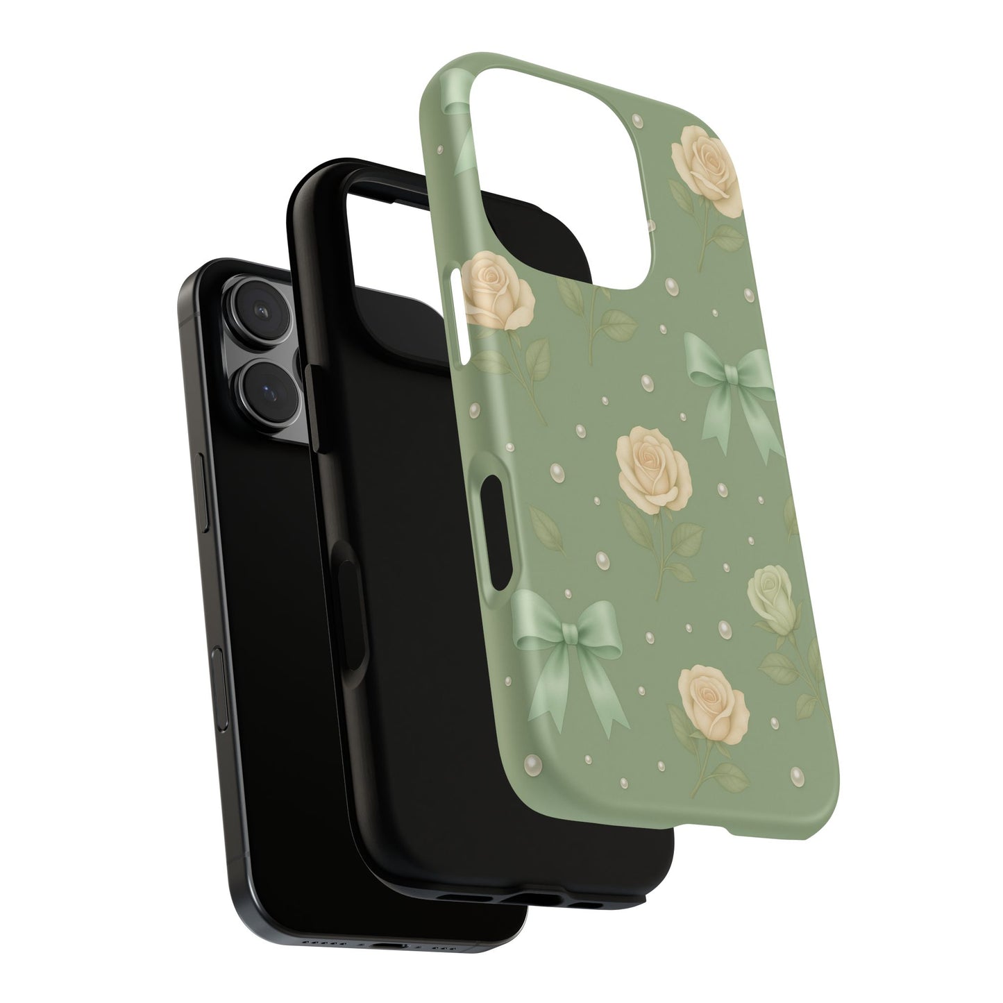 Vintage Rose Bow Phone Case – Sage Green Floral Coquette Aesthetic Tough Case (iPhone, Samsung, Pixel)