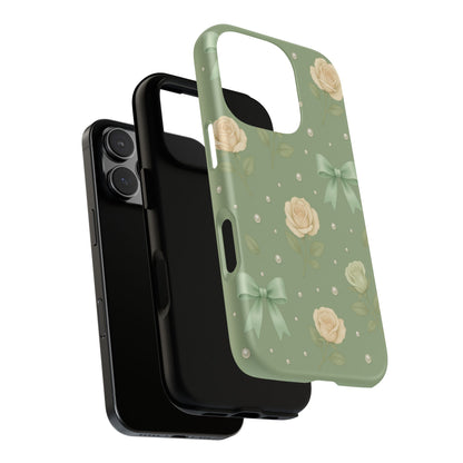 Vintage Rose Bow Phone Case – Sage Green Floral Coquette Aesthetic Tough Case (iPhone, Samsung, Pixel)