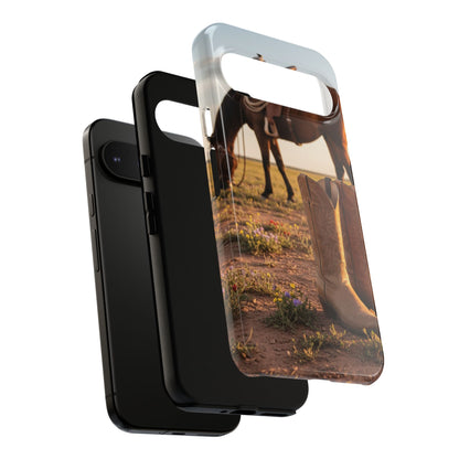 Western Cowboy Boots Phone Case – Rustic Horse Sunset Tough Case (iPhone, Samsung, Pixel)