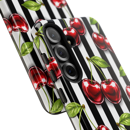 Cherry Pattern Phone Case Black White Stripe Retro Aesthetic Tough Cover