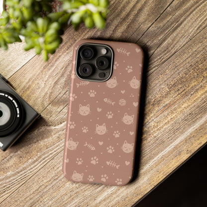 Cute Cat Pattern Phone Case | Paw Prints, Fishbone & Yarn Design Tough Case