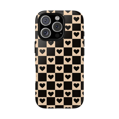 Checkerboard Heart Phone Case – Black & Beige Cute Aesthetic Protective Cover for Iphone, Samsung Galaxy and Pixel