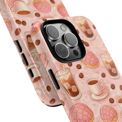 Cute Coffee & Pink Concha Phone Case – Coffee Lover Aesthetic Latte Pattern Tough Case