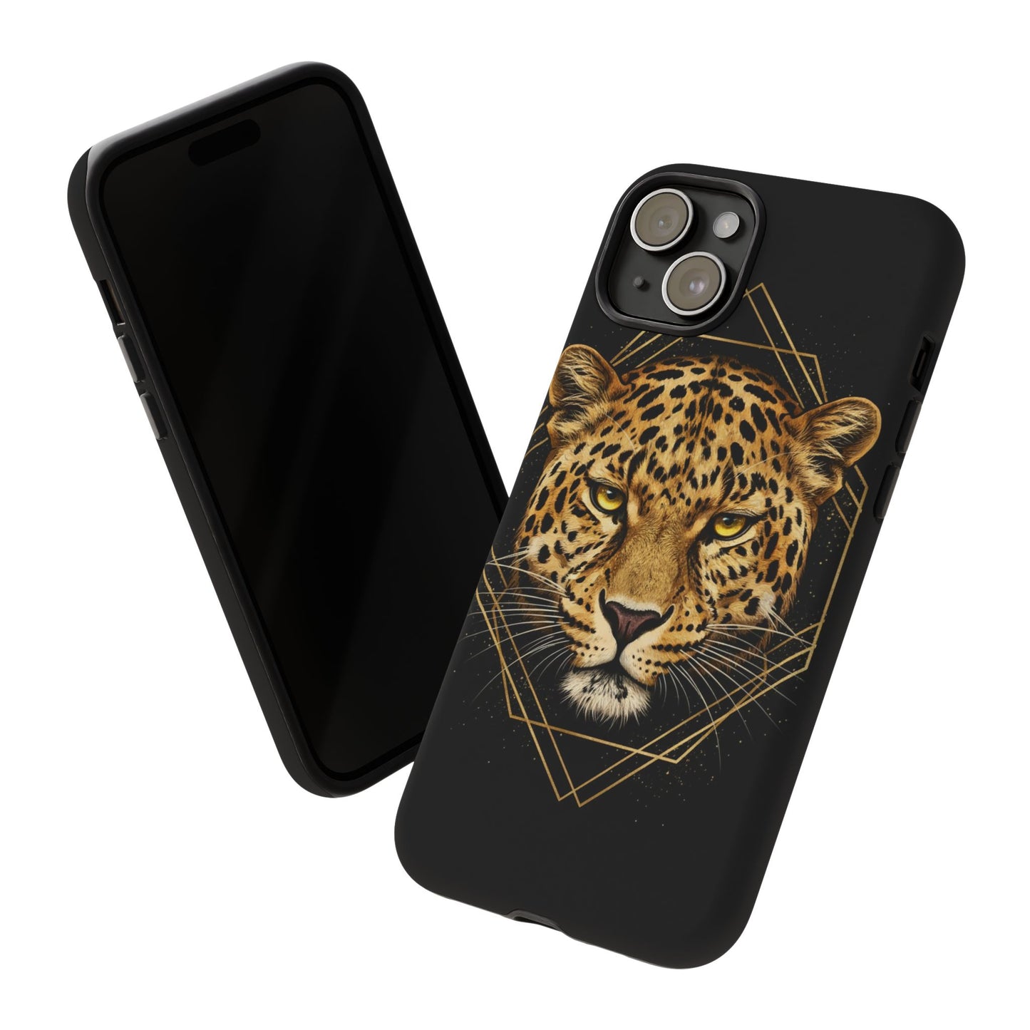 Leopard Head Geometric Phone Case – Black & Gold Luxe Tough Case