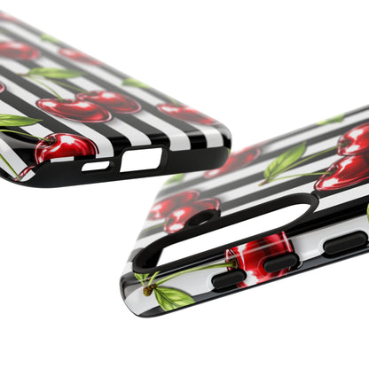 Cherry Pattern Phone Case Black White Stripe Retro Aesthetic Tough Cover