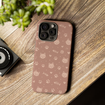 Cute Cat Pattern Phone Case | Paw Prints, Fishbone & Yarn Design Tough Case