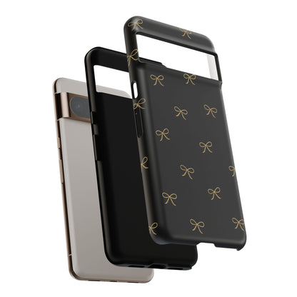 Black Phone Case with Gold Bow Pattern – Slim Protective Cute Aesthetic Cover for Iphone, Samsung Galaxy and Pixel