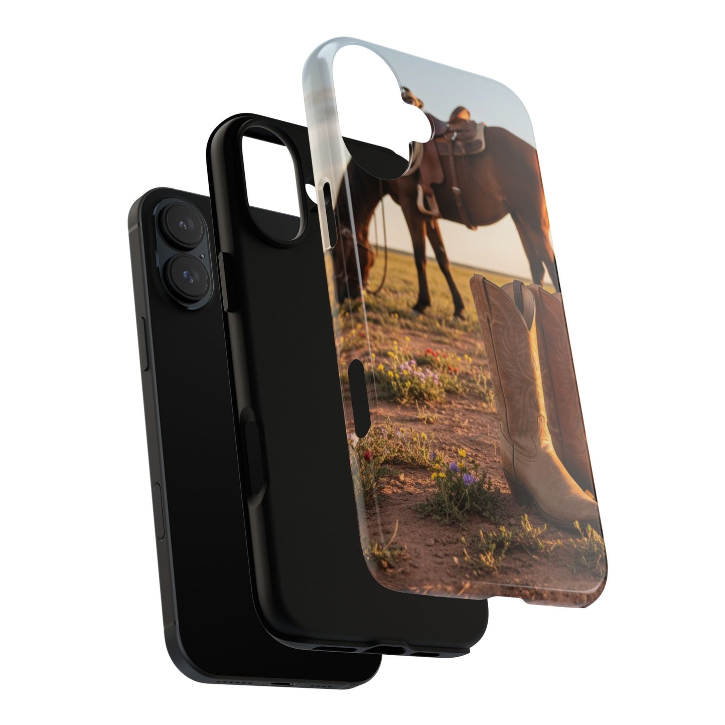 Western Cowboy Boots Phone Case – Rustic Horse Sunset Tough Case (iPhone, Samsung, Pixel)
