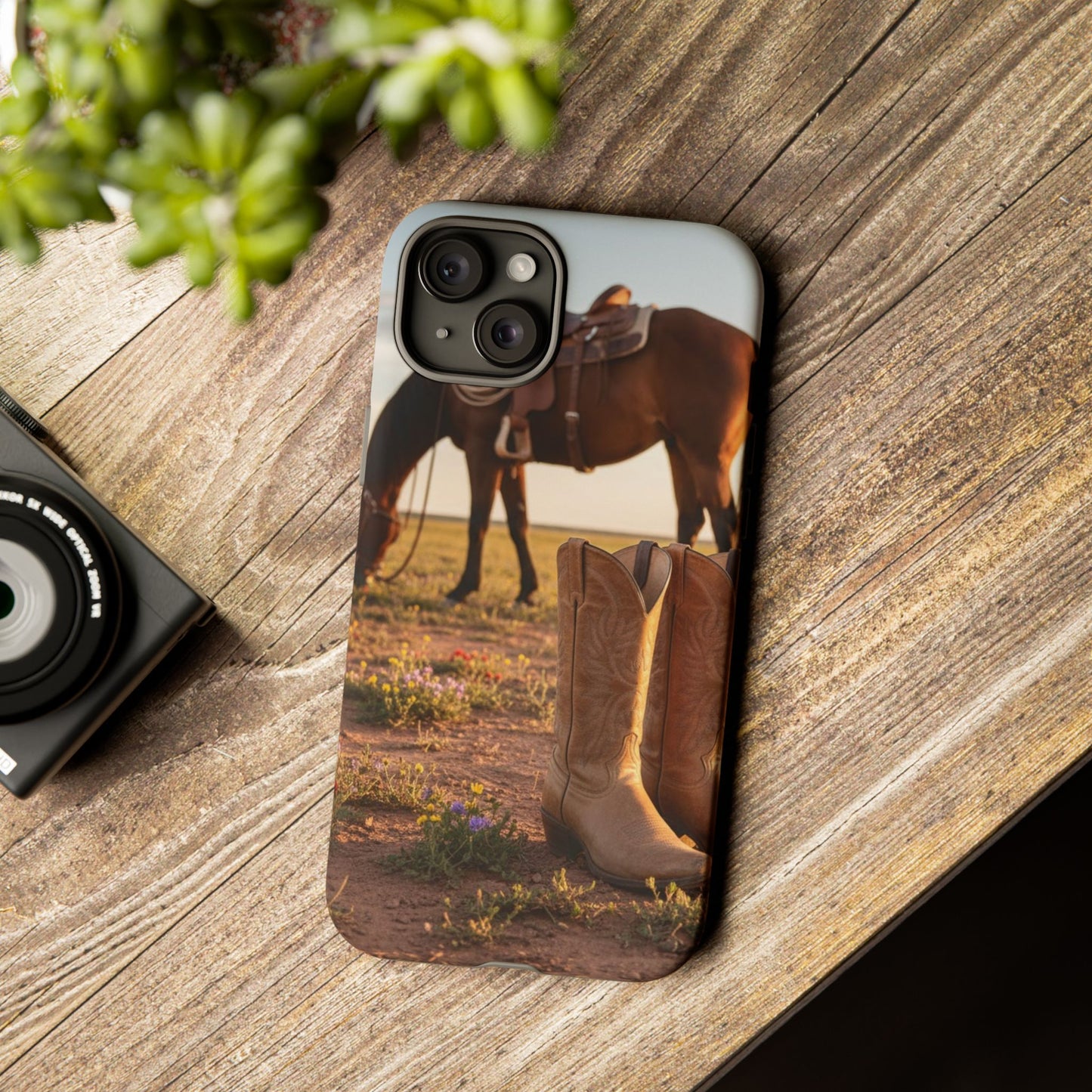 Western Cowboy Boots Phone Case – Rustic Horse Sunset Tough Case (iPhone, Samsung, Pixel)