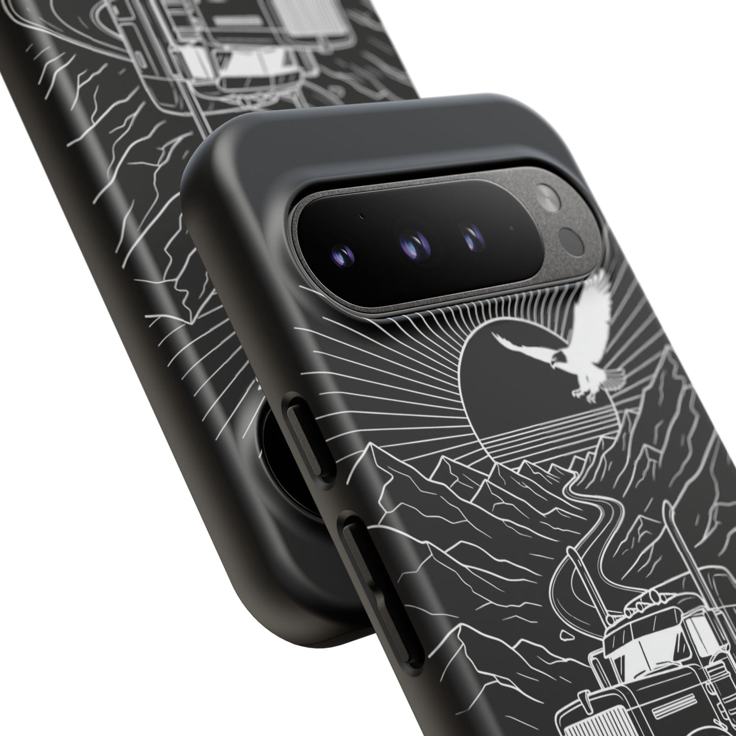 Trucker Highway Phone Case | Eagle & Mountain Line Art | Black Western Tough Case