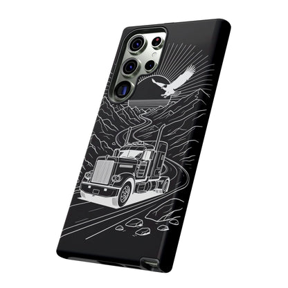 Trucker Highway Phone Case | Eagle & Mountain Line Art | Black Western Tough Case