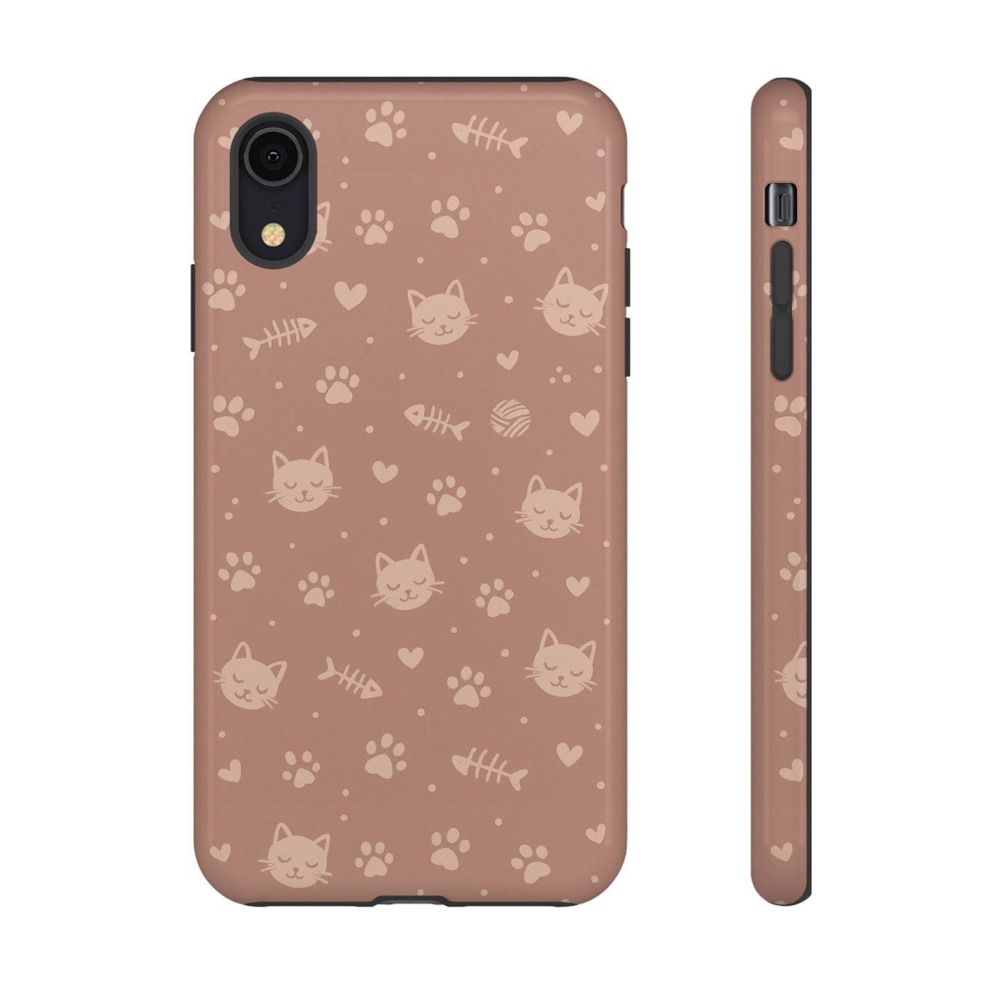 Cute Cat Pattern Phone Case | Paw Prints, Fishbone & Yarn Design Tough Case