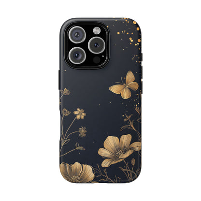 Gold Floral Butterfly Phone Case, Dark Aesthetic Botanical, Elegant Black Luxury iPhone Samsung Cover