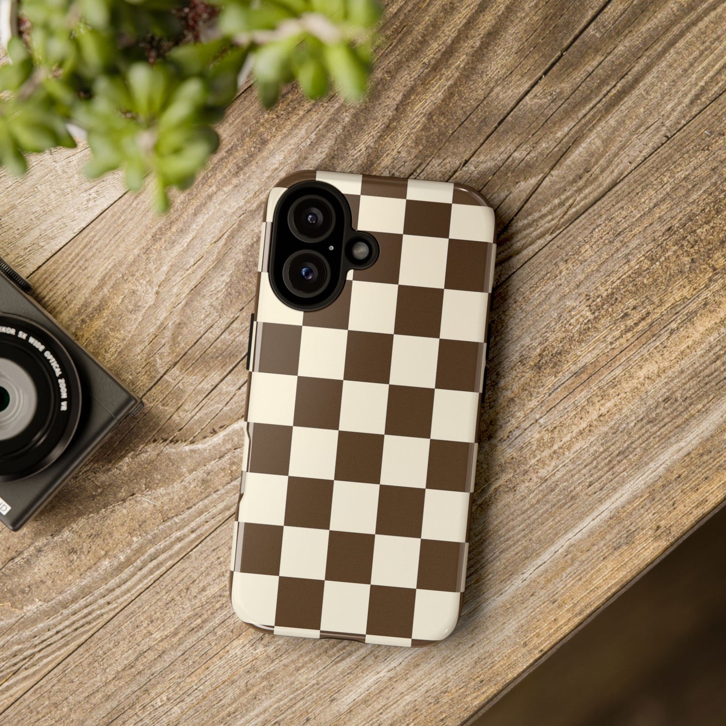 Mocha Checkerboard Phone Case | Neutral Aesthetic Checkered iPhone & Samsung Tough Case