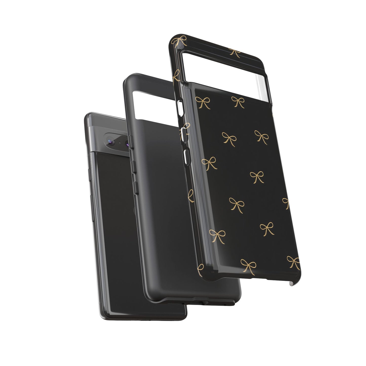 Black Phone Case with Gold Bow Pattern – Slim Protective Cute Aesthetic Cover for Iphone, Samsung Galaxy and Pixel
