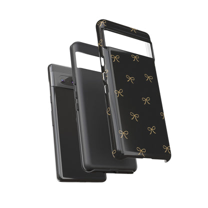 Black Phone Case with Gold Bow Pattern – Slim Protective Cute Aesthetic Cover for Iphone, Samsung Galaxy and Pixel