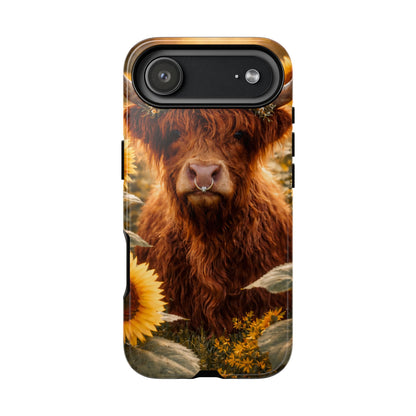 Highland Cow Sunflower Phone Case | Floral Farmhouse iPhone, Samsung Galaxy and Pixel Cover