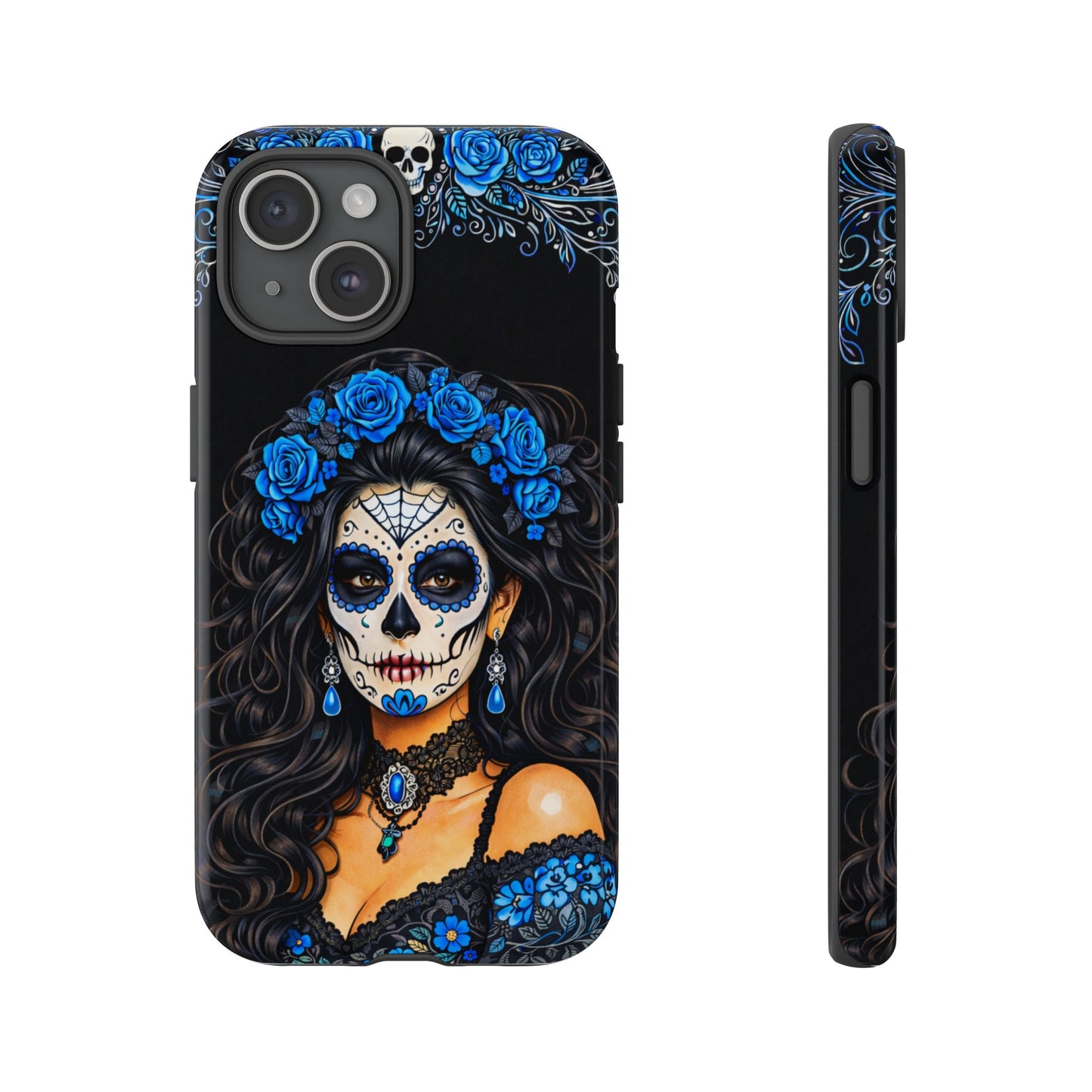 Blue Sugar Skull Woman Phone Case – Day of the Dead Aesthetic Tough Cover