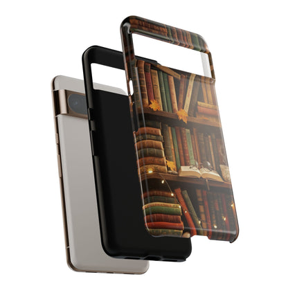 Cozy Vintage Bookshelf Phone Case, Library Aesthetic Book Stack, Autumn Coffee Vibes (iPhone, Samsung, Pixel)