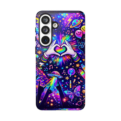 Rainbow Heart Hands Phone Case – Neon Galaxy EDM Festival Tough Cover
