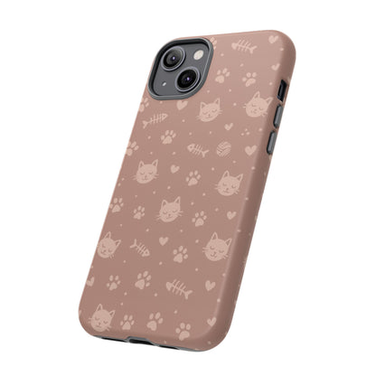 Cute Cat Pattern Phone Case | Paw Prints, Fishbone & Yarn Design Tough Case