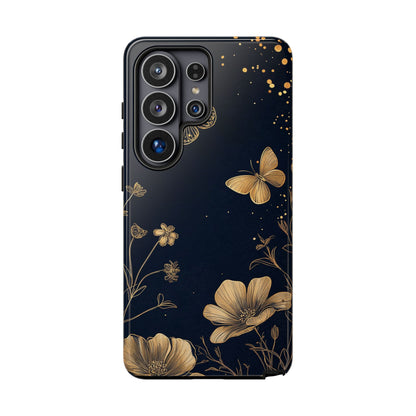 Gold Floral Butterfly Phone Case, Dark Aesthetic Botanical, Elegant Black Luxury iPhone Samsung Cover