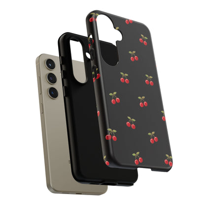 Cherry Pattern Phone Case — Slim Black Protective iPhone Case with Red Cherries for Iphone, Samsung Galaxy and Pixel