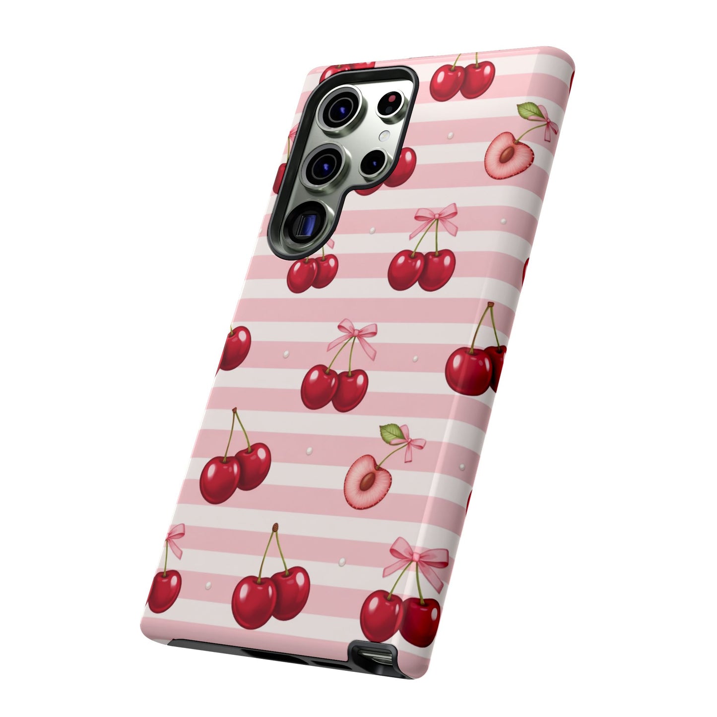 Coquette Cherry Bow Phone Case | Cute Pink Aesthetic Cherry Pattern Tough Case for iPhone & Samsung