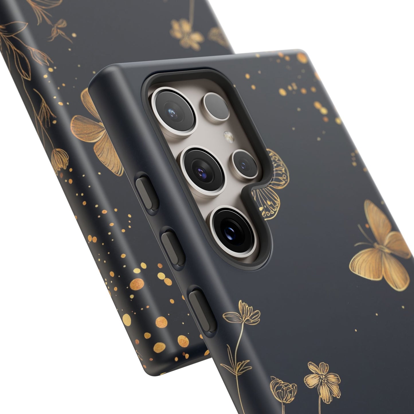 Gold Floral Butterfly Phone Case, Dark Aesthetic Botanical, Elegant Black Luxury iPhone Samsung Cover