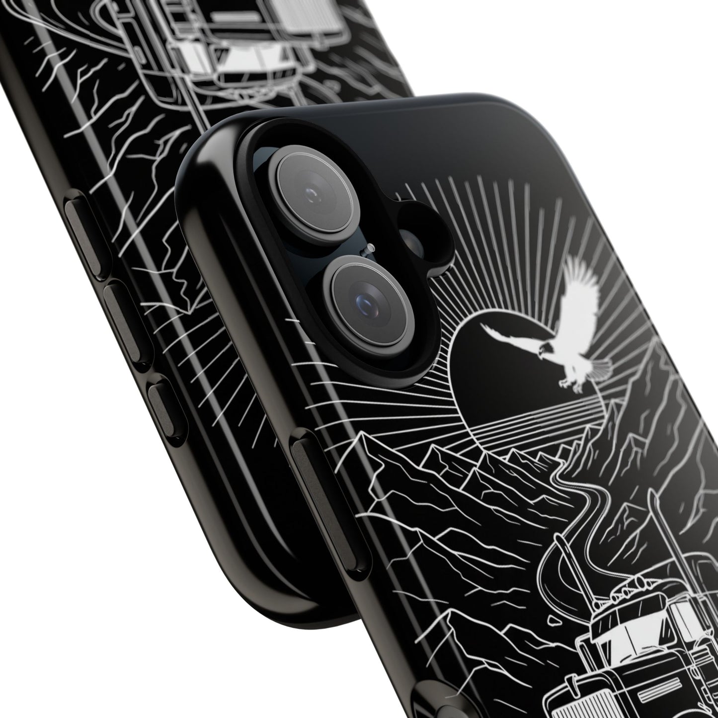 Trucker Highway Phone Case | Eagle & Mountain Line Art | Black Western Tough Case