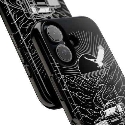 Trucker Highway Phone Case | Eagle & Mountain Line Art | Black Western Tough Case
