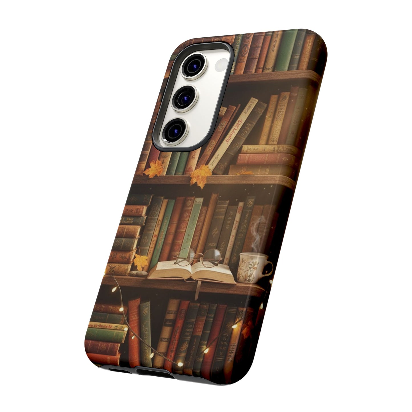 Cozy Vintage Bookshelf Phone Case, Library Aesthetic Book Stack, Autumn Coffee Vibes (iPhone, Samsung, Pixel)
