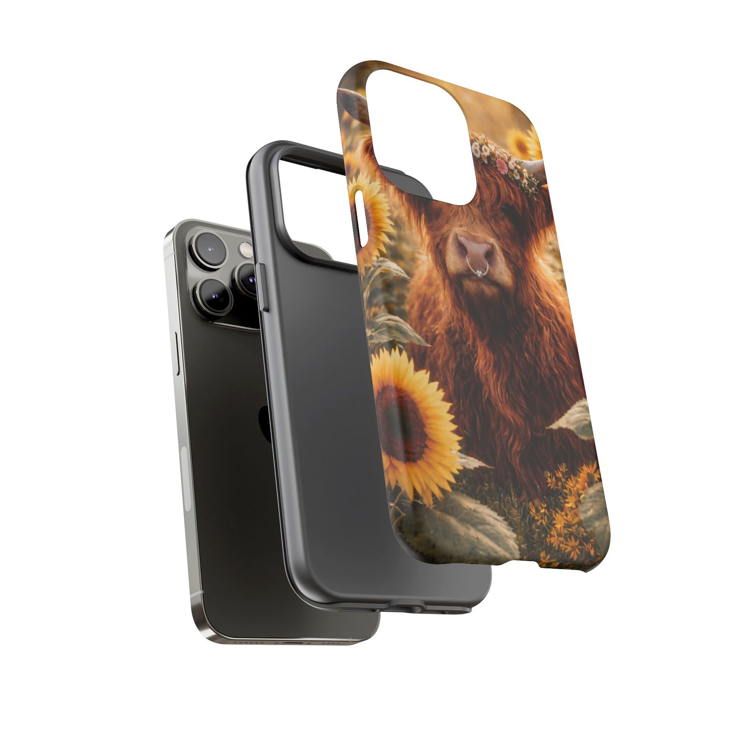 Highland Cow Sunflower Phone Case | Floral Farmhouse iPhone, Samsung Galaxy and Pixel Cover