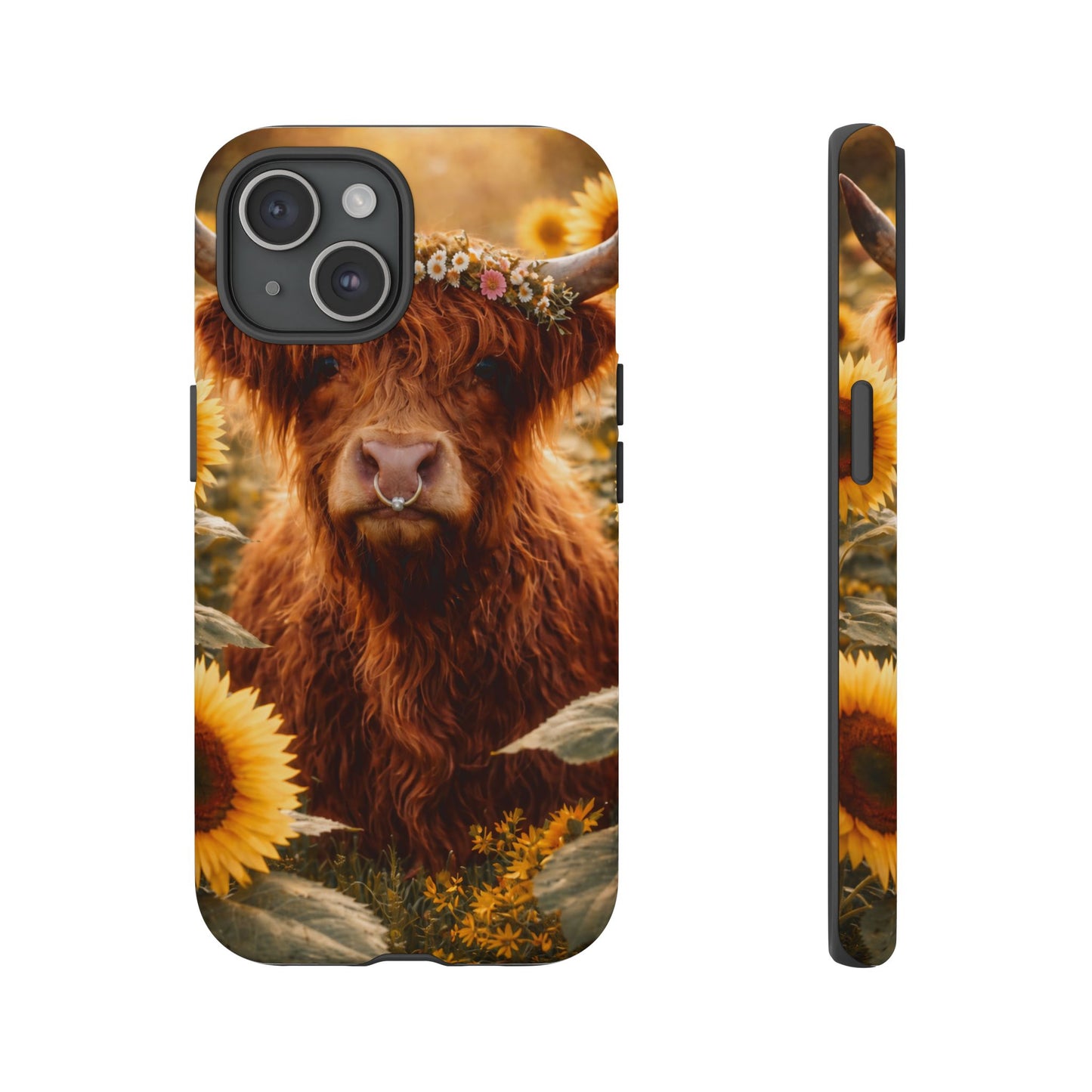 Highland Cow Sunflower Phone Case | Floral Farmhouse iPhone, Samsung Galaxy and Pixel Cover