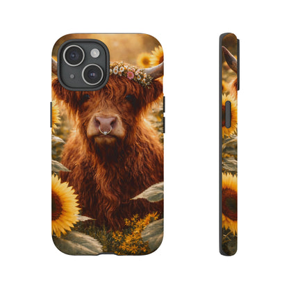Highland Cow Sunflower Phone Case | Floral Farmhouse iPhone, Samsung Galaxy and Pixel Cover