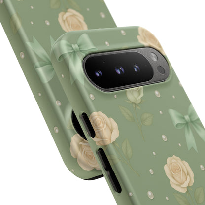 Vintage Rose Bow Phone Case – Sage Green Floral Coquette Aesthetic Tough Case (iPhone, Samsung, Pixel)