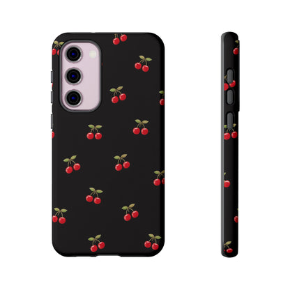 Cherry Pattern Phone Case — Slim Black Protective iPhone Case with Red Cherries for Iphone, Samsung Galaxy and Pixel
