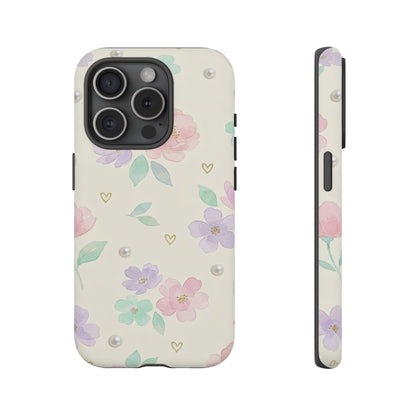 Pastel Floral Phone Case – Coquette Watercolor Flower Hearts Tough Case (iPhone, Samsung, Pixel)