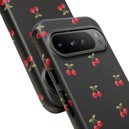 Cherry Pattern Phone Case — Slim Black Protective iPhone Case with Red Cherries for Iphone, Samsung Galaxy and Pixel