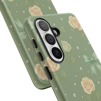 Vintage Rose Bow Phone Case – Sage Green Floral Coquette Aesthetic Tough Case (iPhone, Samsung, Pixel)