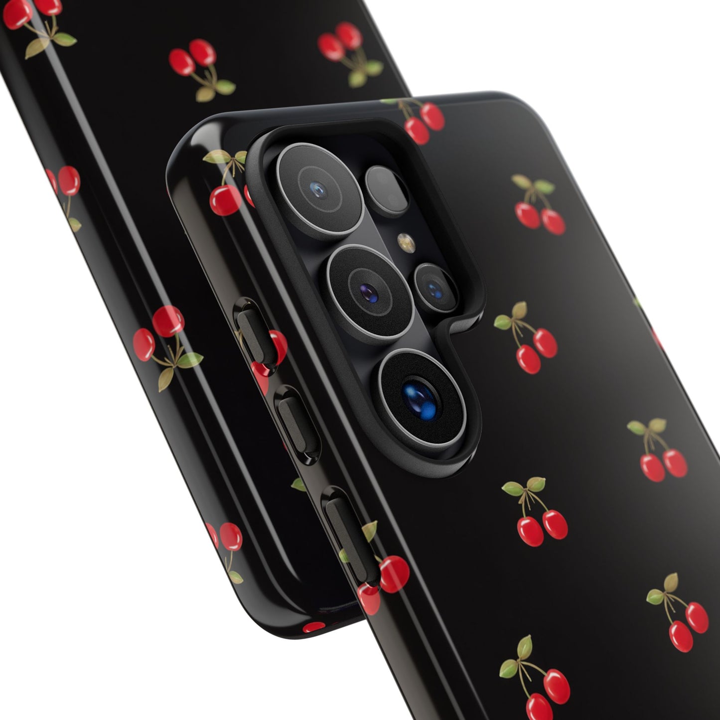 Cherry Pattern Phone Case — Slim Black Protective iPhone Case with Red Cherries for Iphone, Samsung Galaxy and Pixel