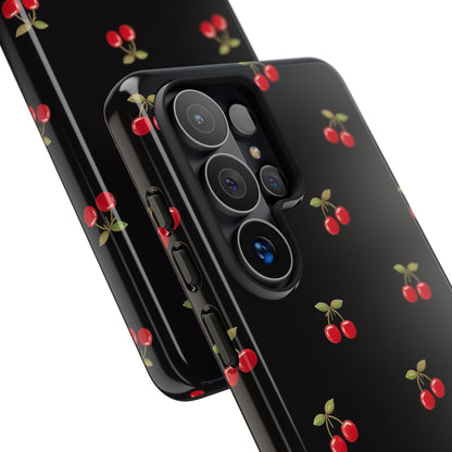 Cherry Pattern Phone Case — Slim Black Protective iPhone Case with Red Cherries for Iphone, Samsung Galaxy and Pixel