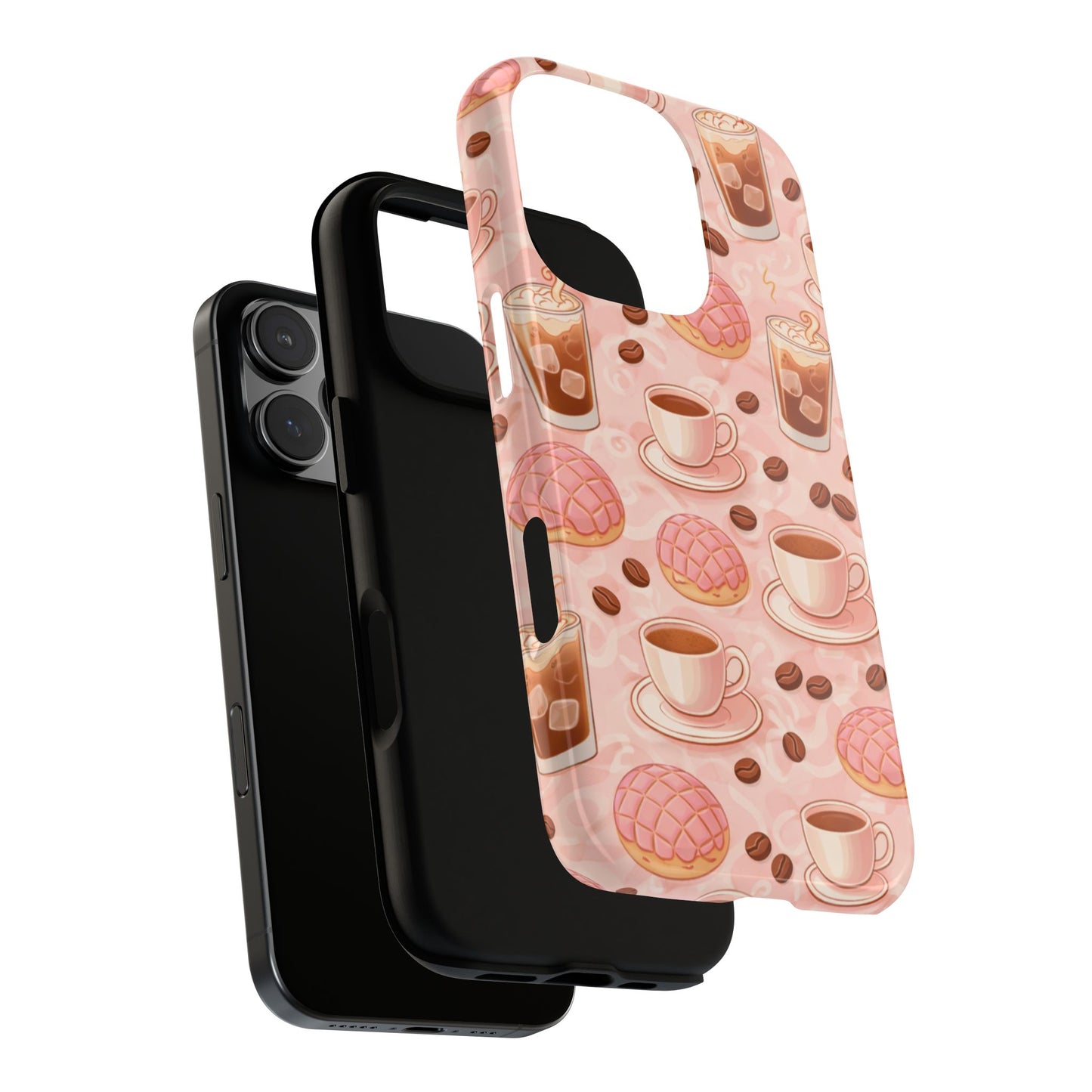 Cute Coffee & Pink Concha Phone Case – Coffee Lover Aesthetic Latte Pattern Tough Case